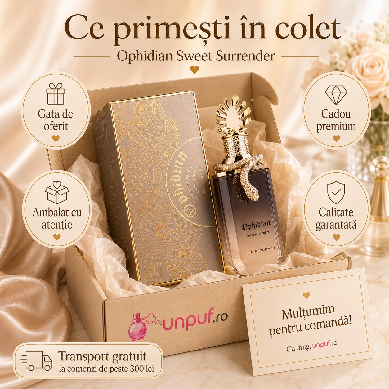 Ce primești &icirc;n colet Parfum Ophidian Sweet Surrender Paris Corner 100 ml ambalat cu atenție