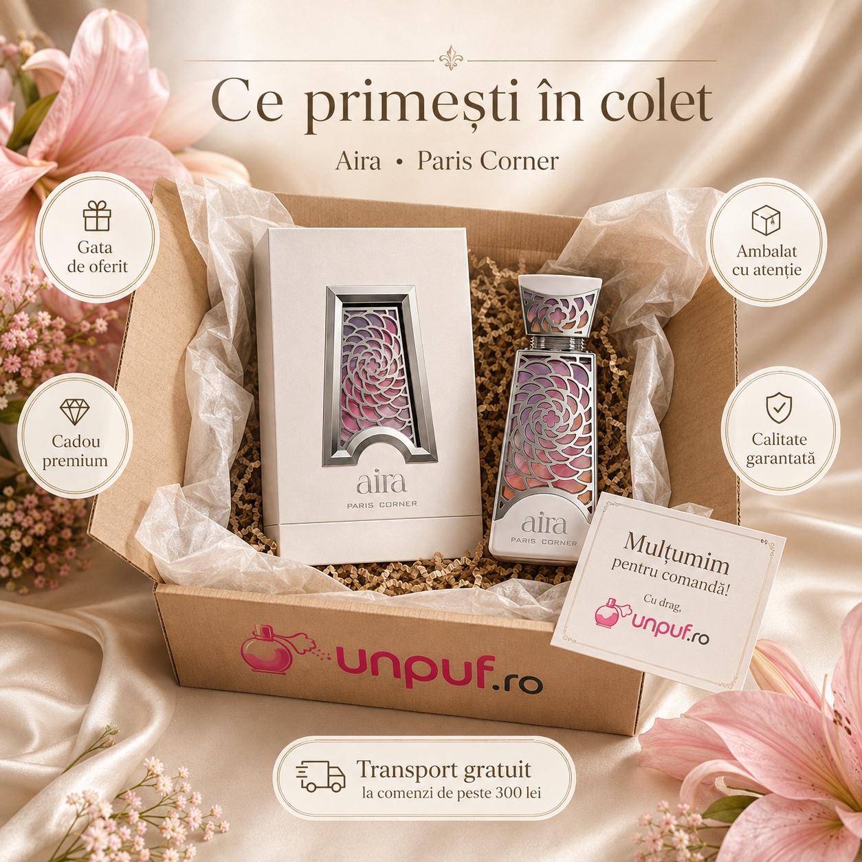 Ce primești în colet la Paris Corner Aira Eau de Parfum 100ml, ambalaj premium UnPuf.ro