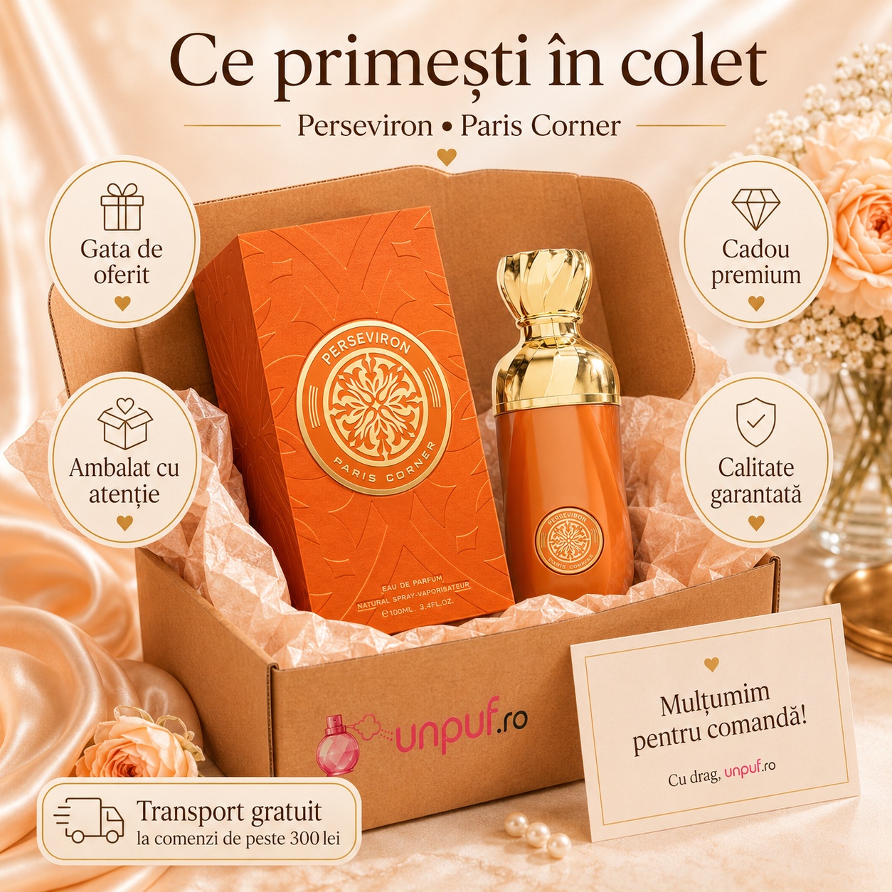 Ce primești &icirc;n colet Parfum Perseviron Paris Corner 100 ml ambalat cu atenție gata de oferit cadou