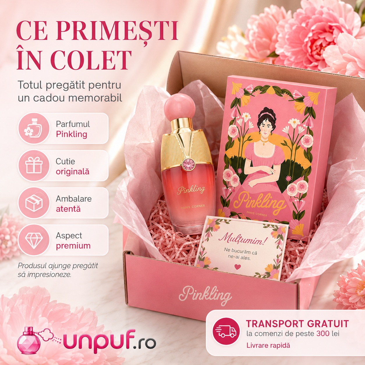 Ce primești &icirc;n colet Parfum Pinkling Paris Corner 100 ml ambalat premium pentru cadou