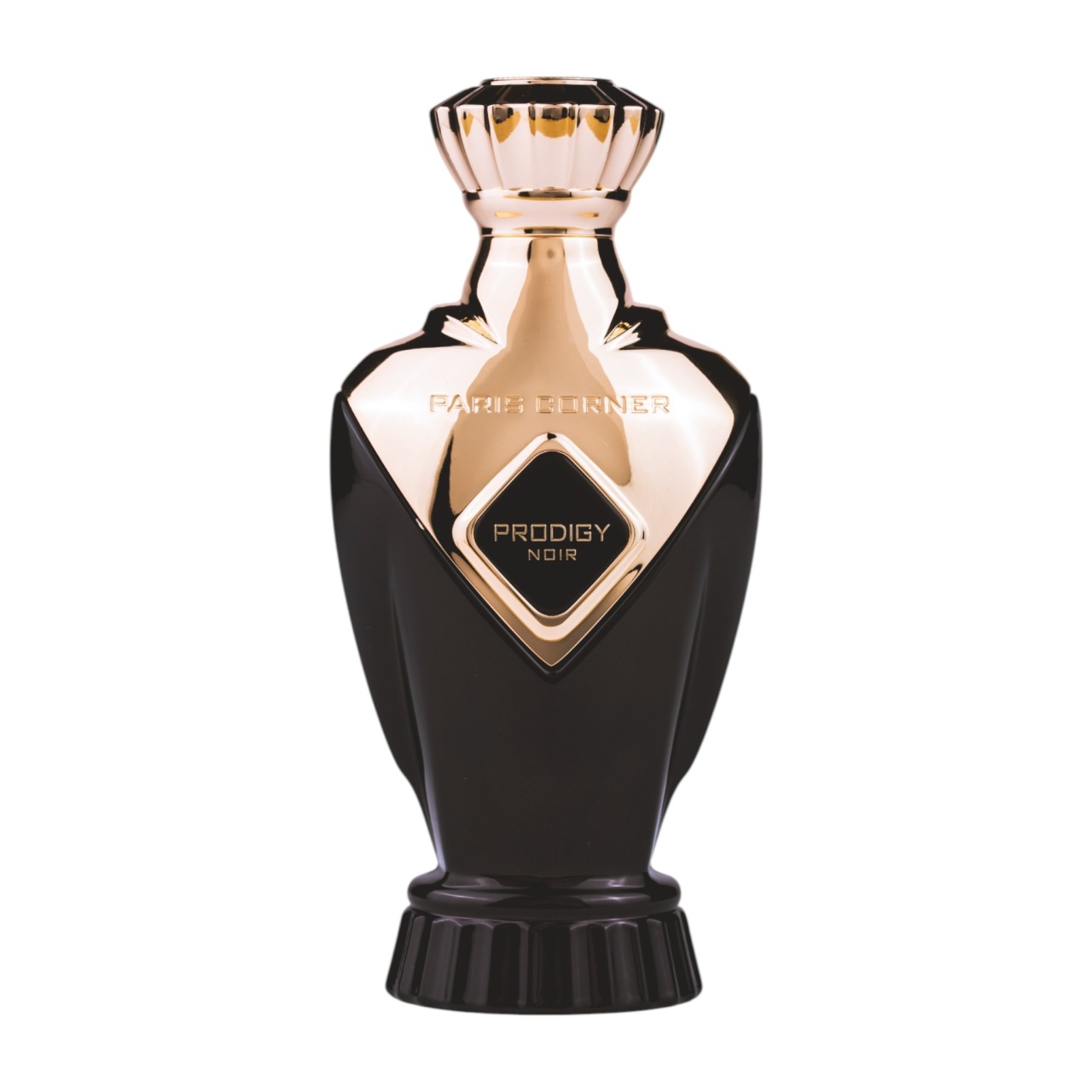 Prodigy Noir Paris Corner sticlă parfum pe fundal alb