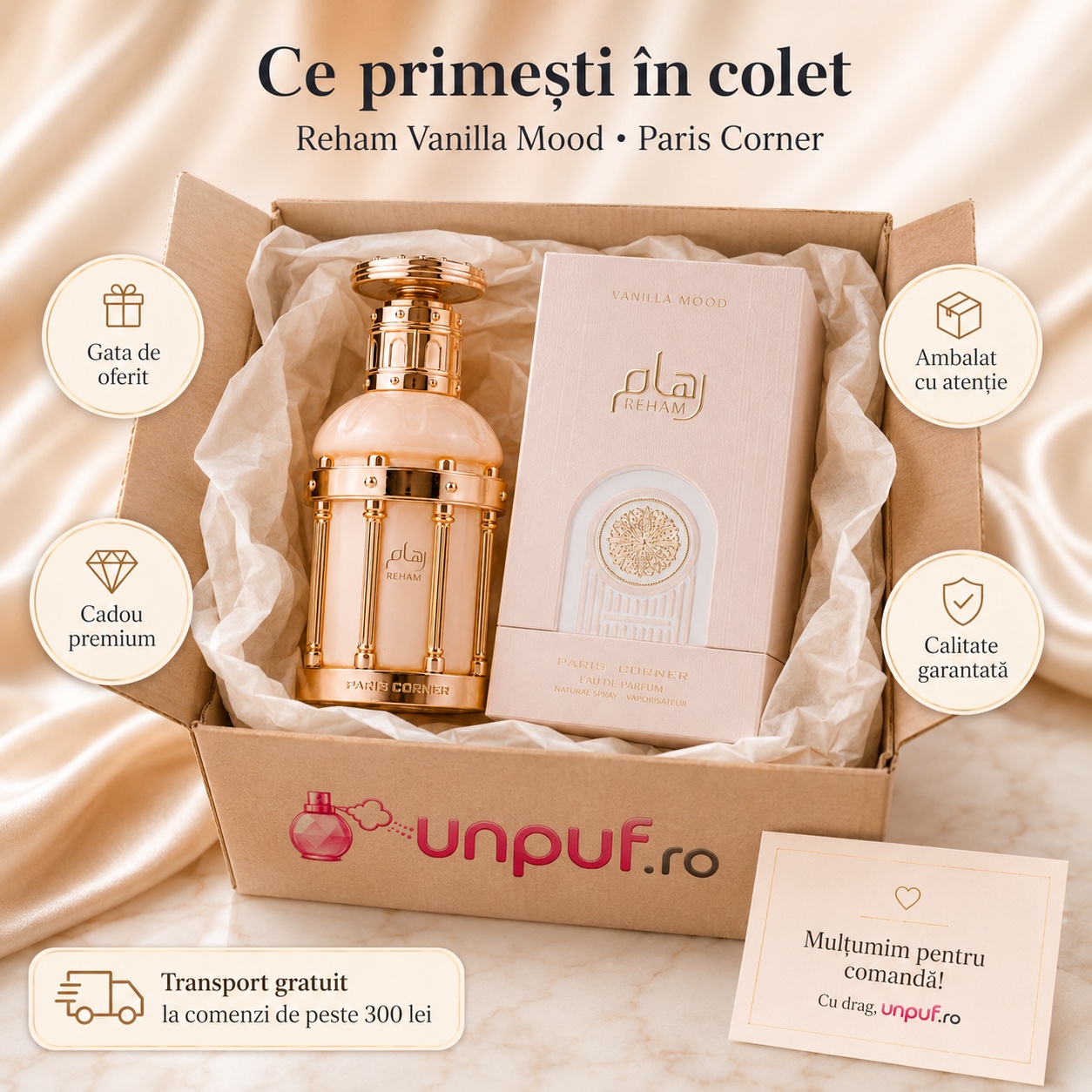 Ce primești &icirc;n colet Parfum Reham Vanilla Mood Paris Corner 100 ml ambalat cu atenție gata de oferit cadou