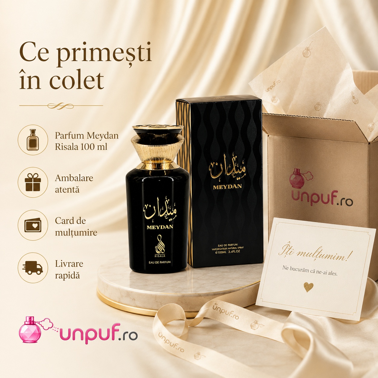 Ce primești &icirc;n colet la parfumul Meydan Risala Series, ambalaj premium și prezentare elegantă UnPuf.ro