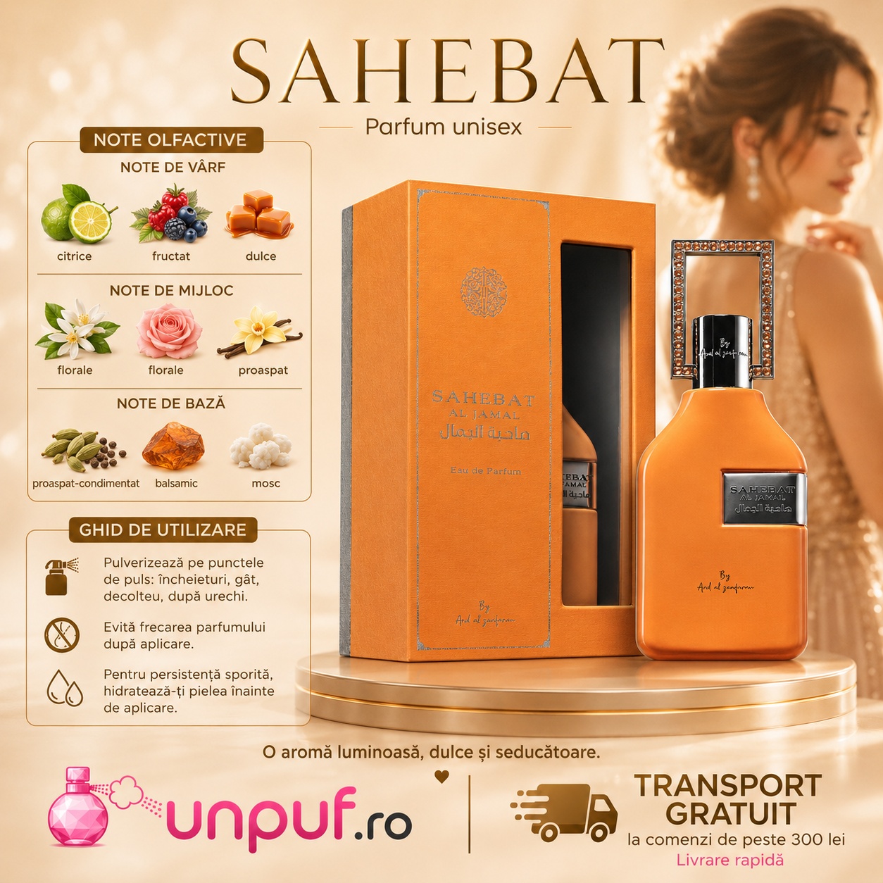 Prezentare parfum Sahebat Al Jamal Ard Al Zaafaran cu note olfactive citrice fructate florale ambrate și mosc