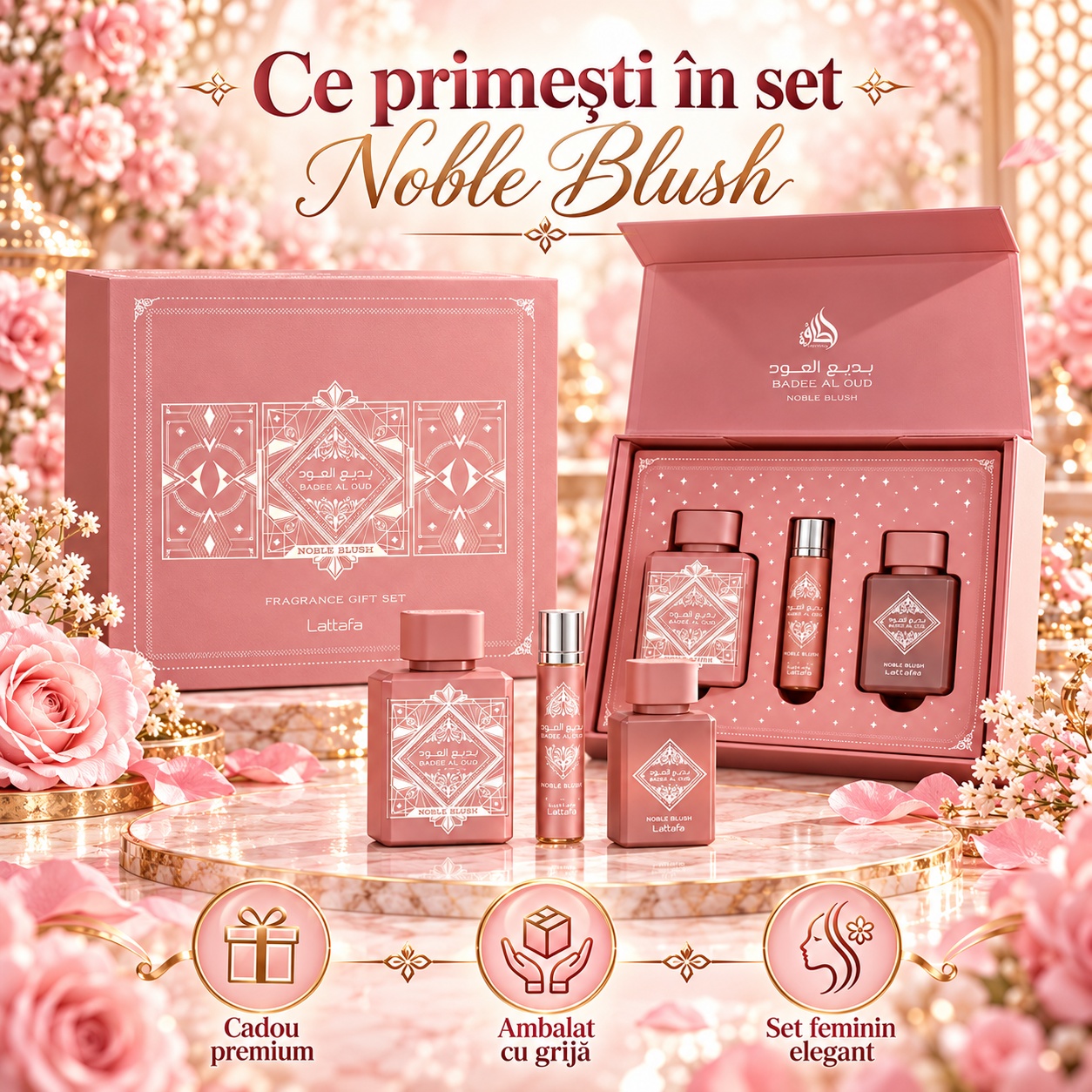 Ce primești în set Noble Blush Lattafa EDP Hair Mist și Travel Spray