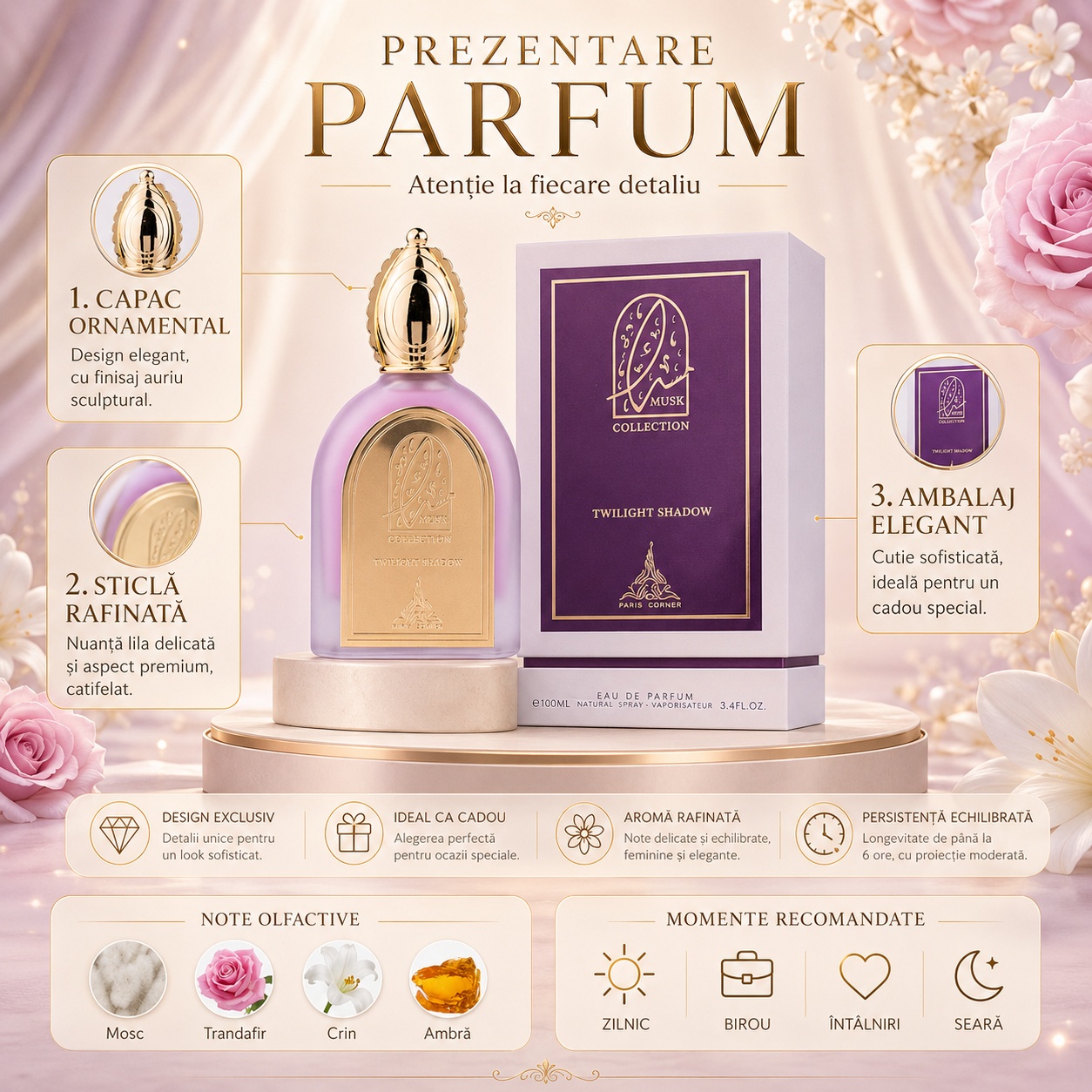 Twilight Shadow Musk Collection prezentare parfum cu note de mosc trandafir crin și ambră