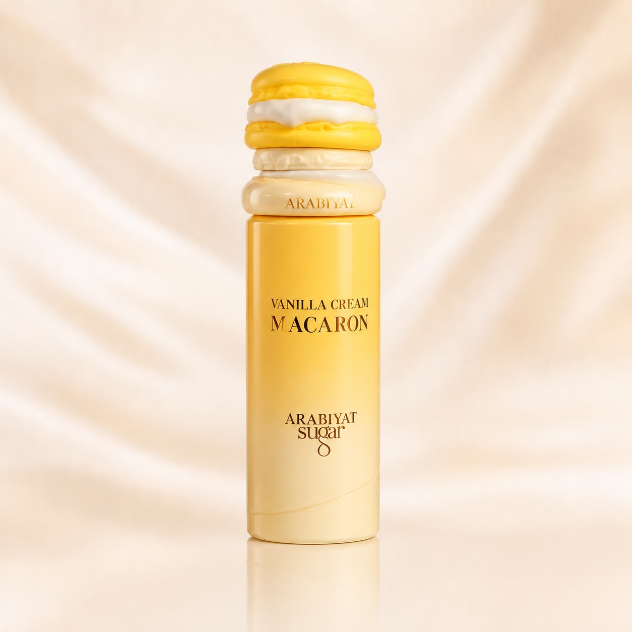 Sticlă Arabiyat Sugar Vanilla Cream Macaron cu capac inspirat de desert macaron și finisaj galben cremos