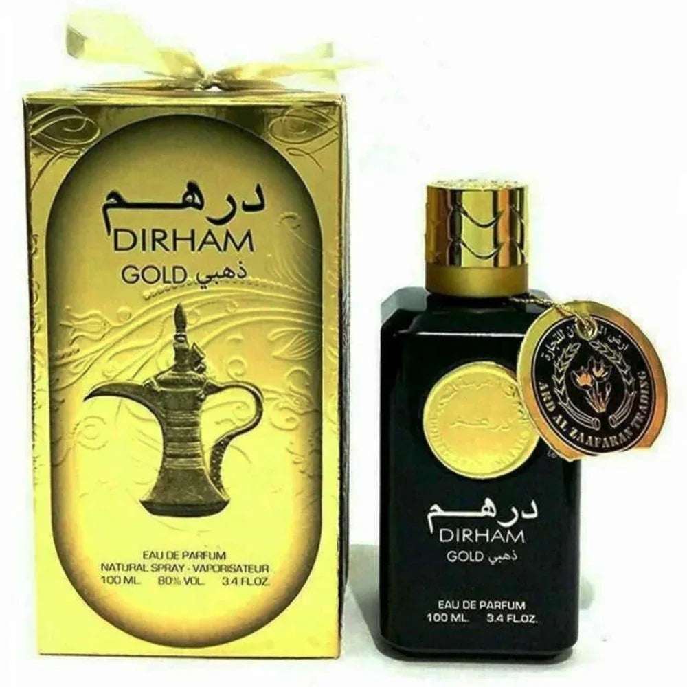 Produs real Ard Al Zaafaran Dirham Gold 100 ml cu sticlă neagră și cutie aurie