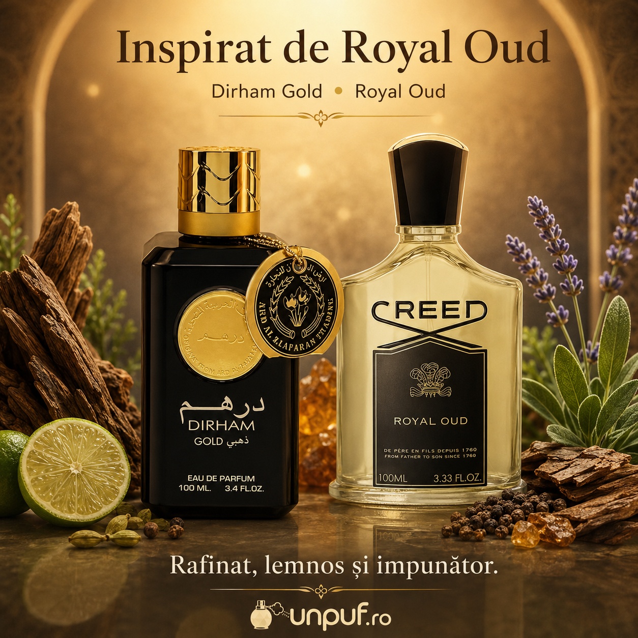 Parfum Ard Al Zaafaran Dirham Gold inspirat de Royal Oud, rafinat, lemnos și impunător