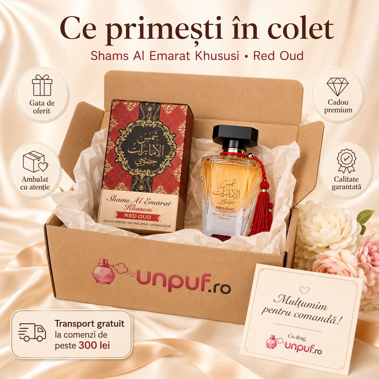 Ce primești în colet Ard Al Zaafaran Khususi Red Oud 100 ml, parfum original și ambalaj premium