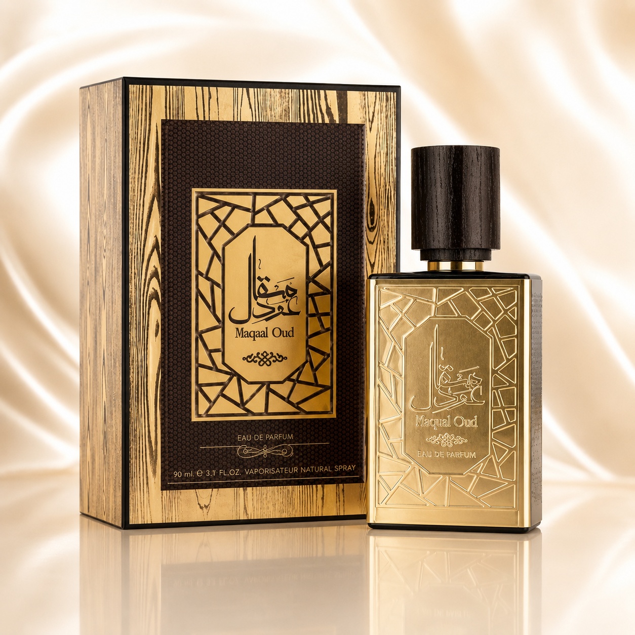 Parfum Arăbesc Maqaal Oud Ard Al Zaafaran 50 ml cu flacon auriu, capac negru din lemn și cutie premium cu design oriental
