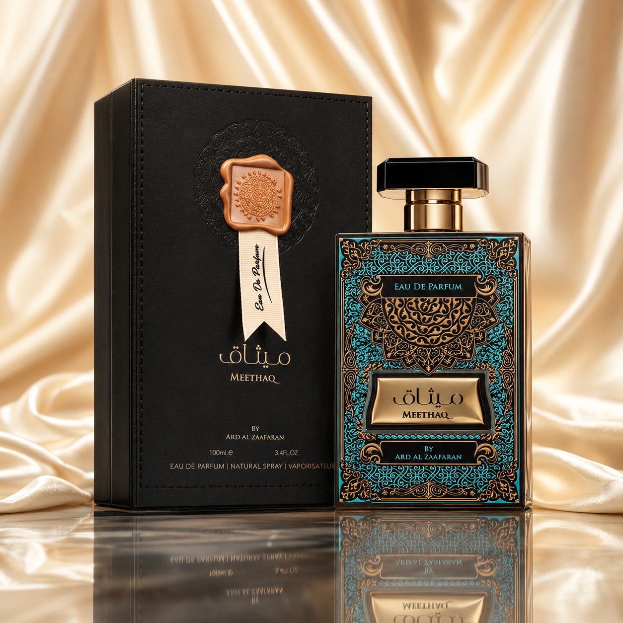 Parfum Arăbesc Meethaq Ard Al Zaafaran 100 ml cu flacon turcoaz, detalii aurii și cutie premium neagră