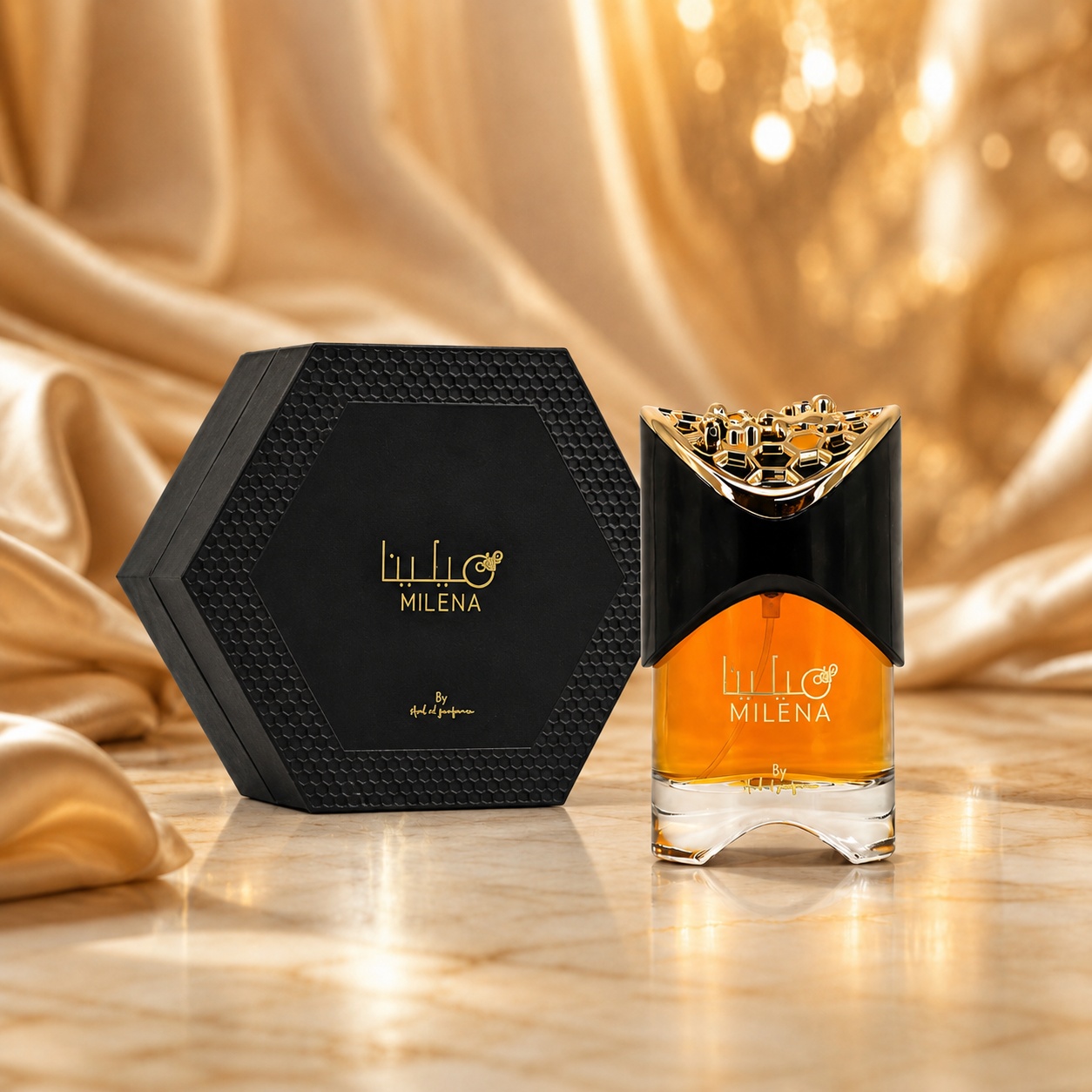 Parfum Arăbesc Milena Ard Al Zaafaran 100 ml cu flacon elegant negru și auriu, cutie premium hexagonală și fundal satinat auriu