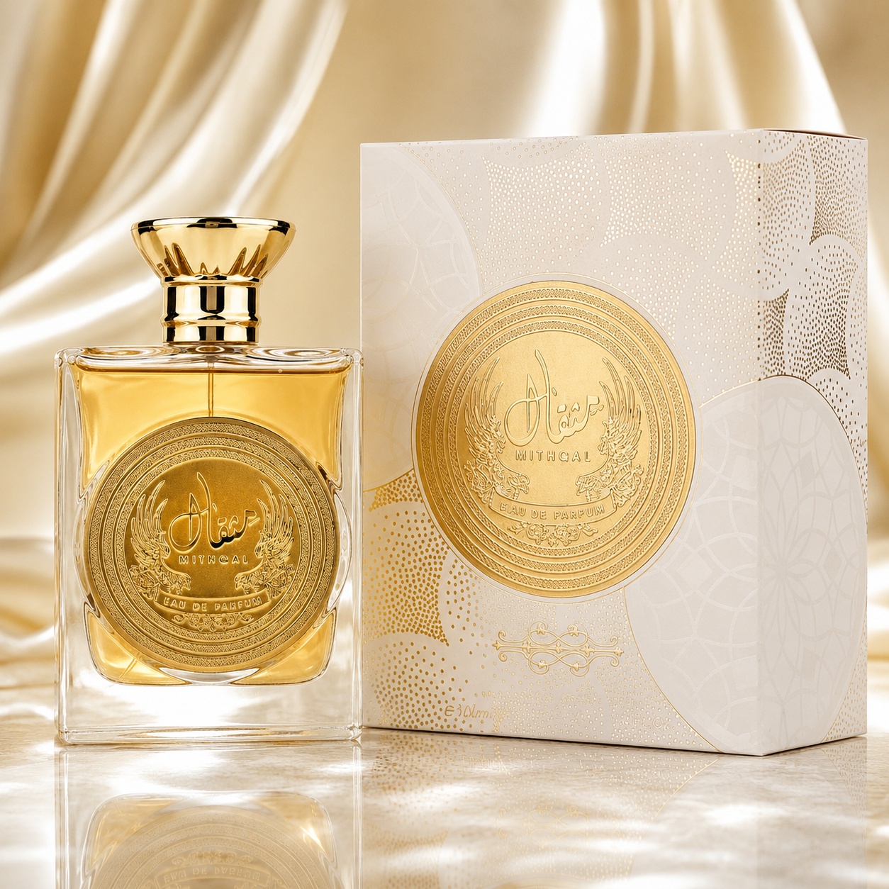 Parfum Arăbesc Mithqal Ard Al Zaafaran 100 ml cu flacon transparent, lichid auriu, capac auriu și cutie albă premium