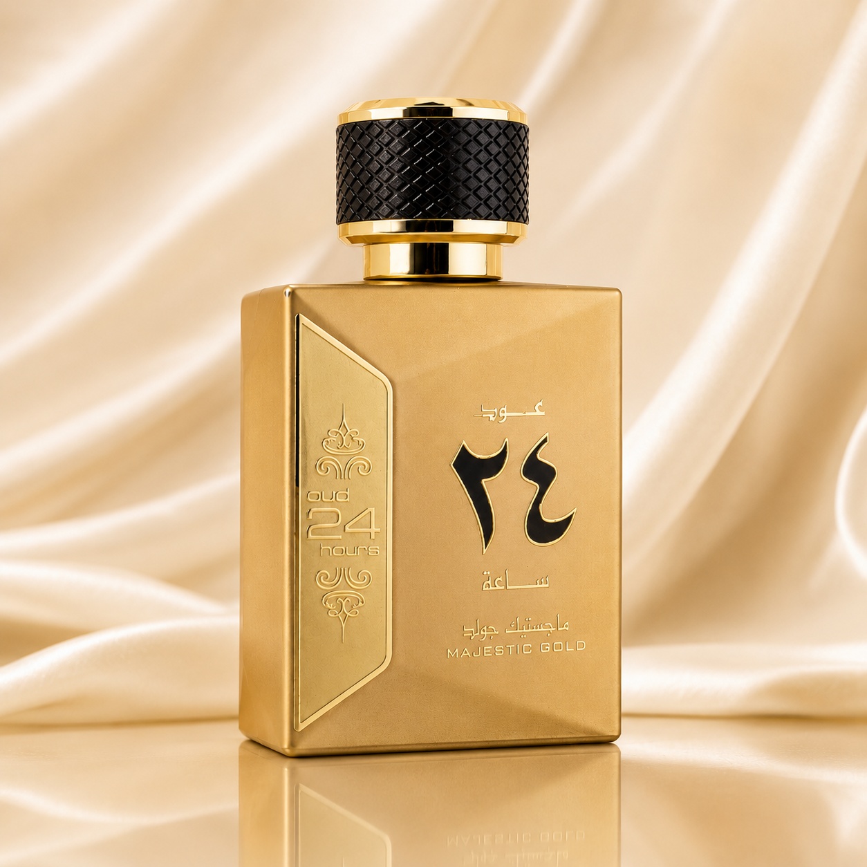 Flacon Oud 24 Hours Majestic Gold Ard Al Zaafaran 100 ml parfum arăbesc auriu cu capac negru texturat