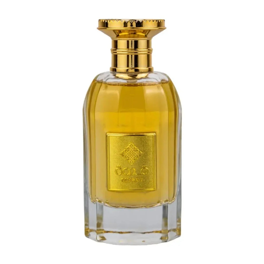 Sticlă reală Ard Al Zaafaran Qidwah 85 ml cu lichid auriu și capac metalic elegant