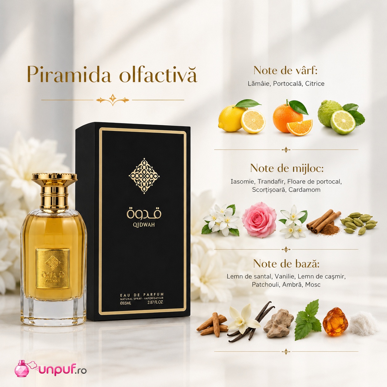 Piramida olfactivă Ard Al Zaafaran Qidwah cu lămâie, portocală, citrice, iasomie, trandafir, floare de portocal, scorțișoară, cardamom, lemn de santal, vanilie, lemn de cașmir, patchouli, ambră și mosc