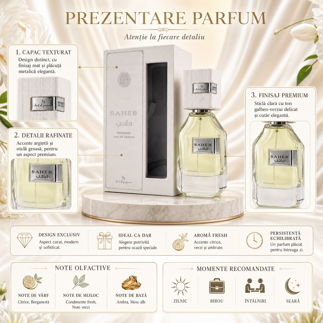 Prezentare premium Ard Al Zaafaran Saheb Intense cu flacon, capac texturat, cutie elegantă și note olfactive