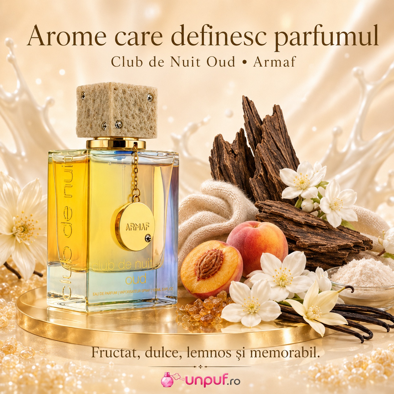 Arome care definesc Armaf Club De Nuit Oud cu oud, piersică, vanilie, iasomie, mosc și lemn