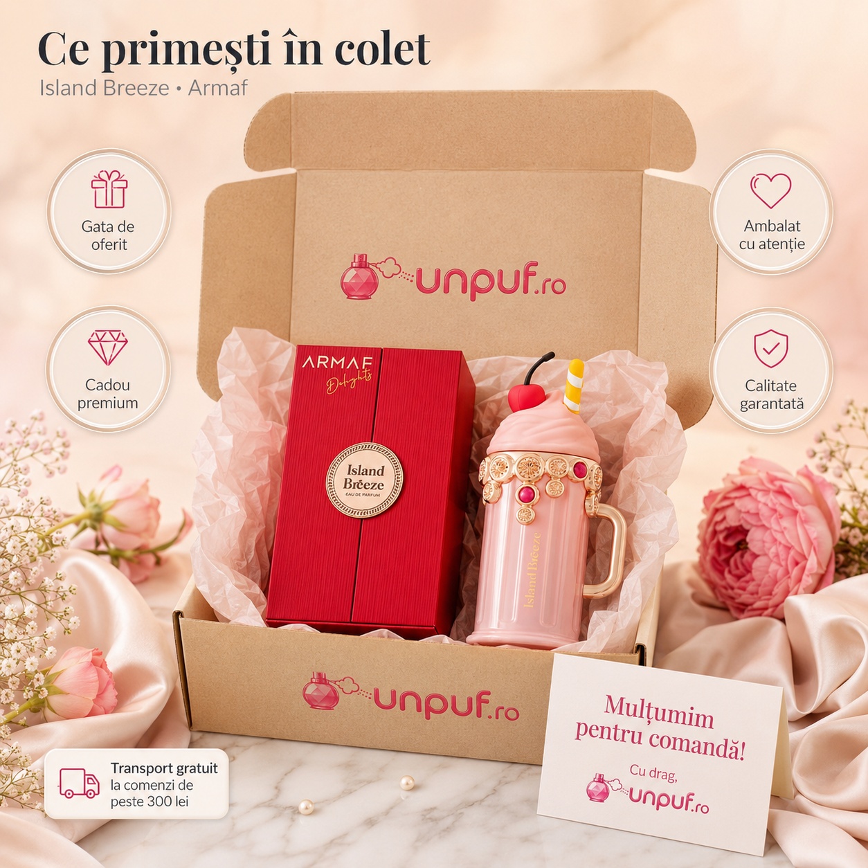 Ce primești &icirc;n colet Armaf Island Breeze 100 ml parfum original cu cutie roșie premium și ambalare atentă