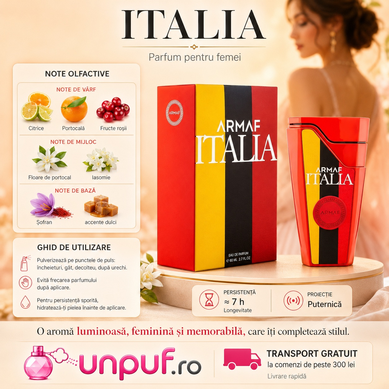 Armaf Italia parfum pentru femei cu note de citrice, portocală, fructe roșii, floare de portocal, iasomie, șofran și accente dulci