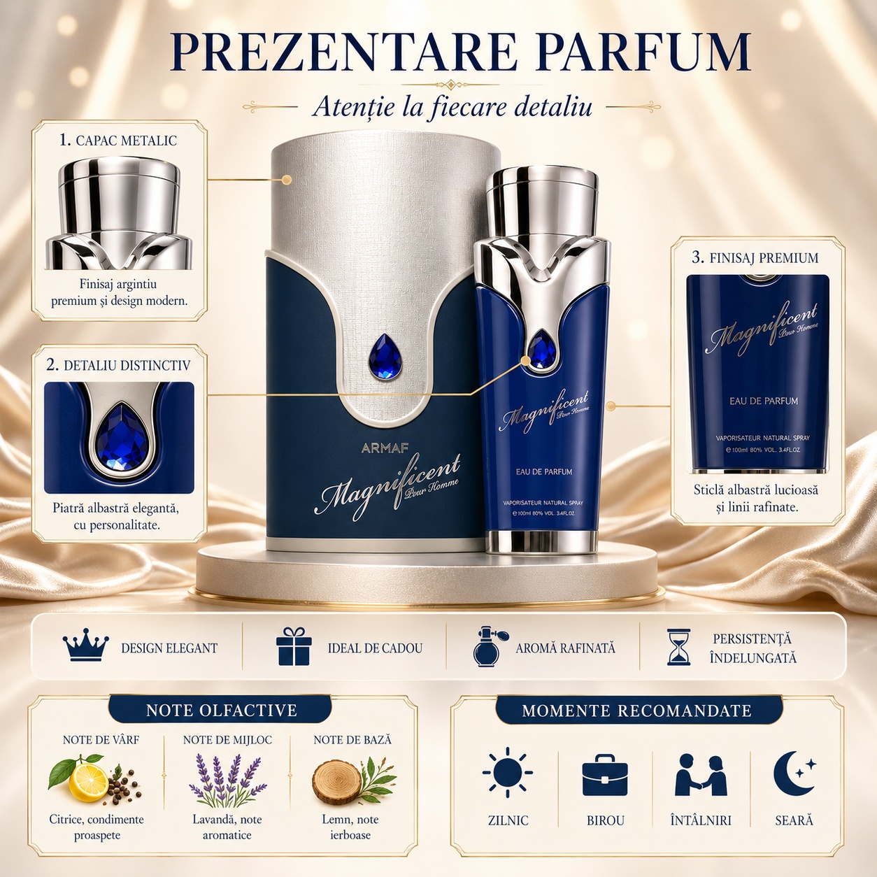 Prezentare Parfum Arăbesc Armaf Magnificent Blue cu capac metalic, piatră albastră, finisaj premium și note olfactive