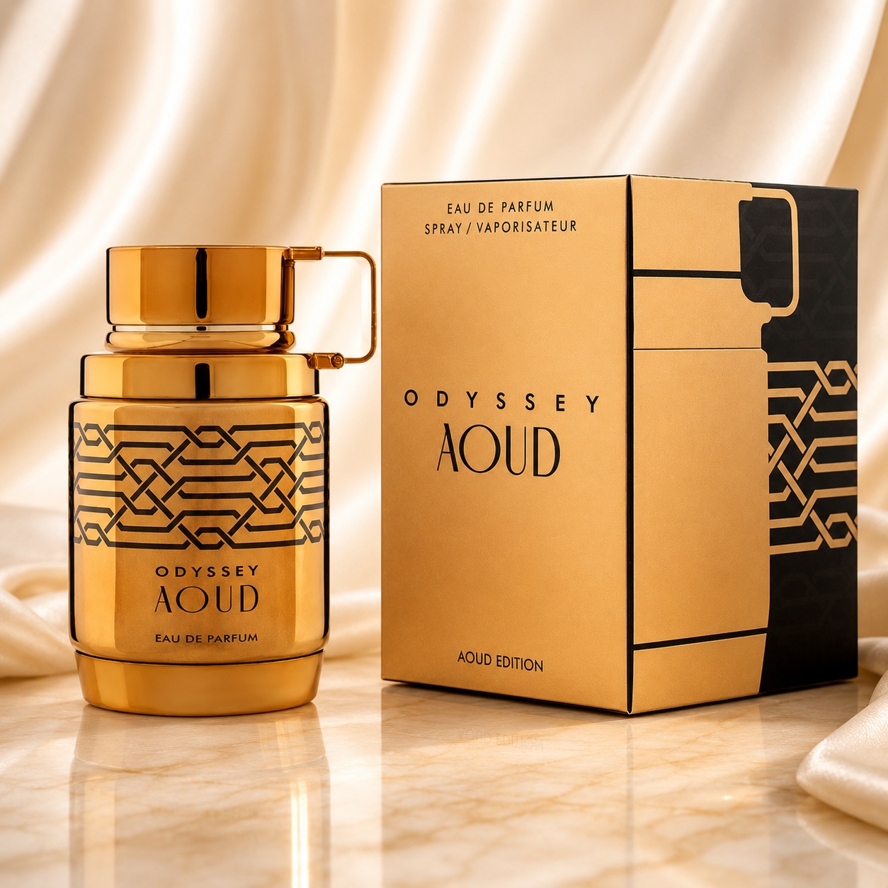 Parfum Arăbesc Armaf Odyssey Aoud 100 ml cu flacon auriu și cutie premium aurie neagră