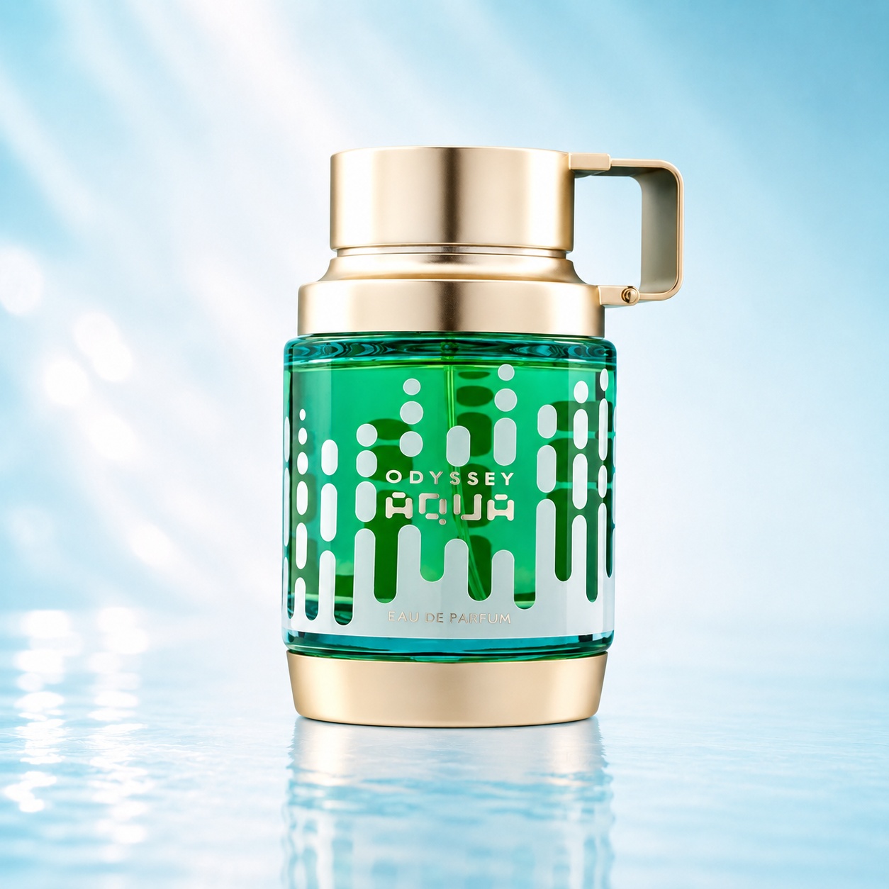 Flacon Armaf Odyssey Aqua 100 ml parfum bărbătesc verde cu capac metalic argintiu și design modern