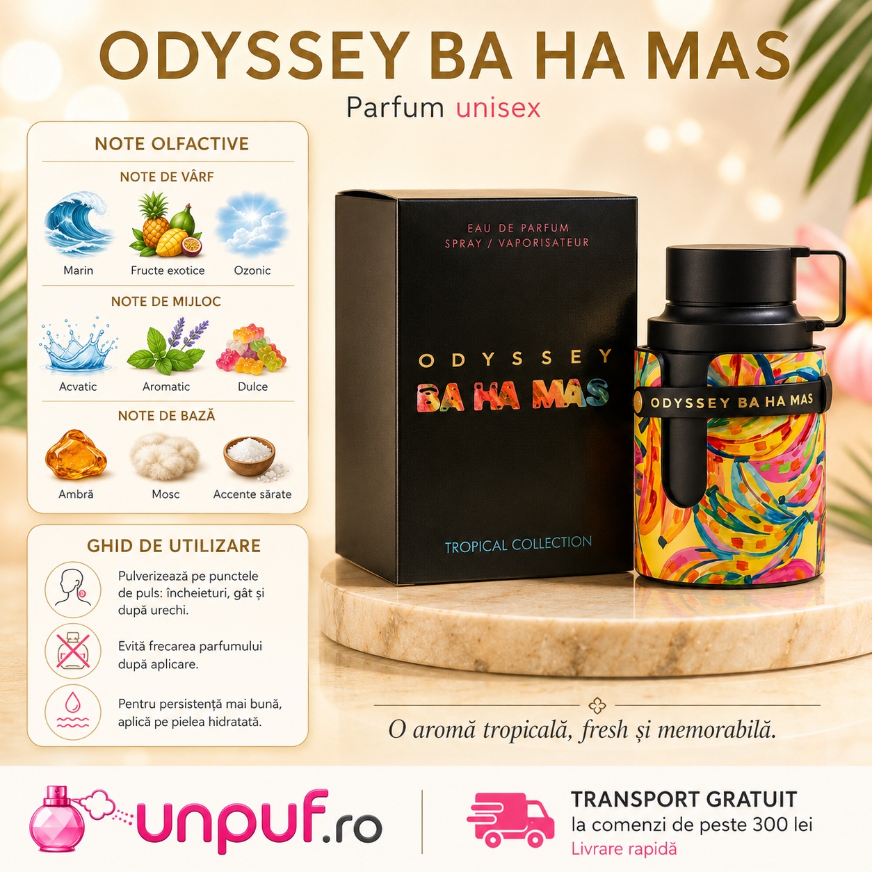 Armaf Odyssey Ba Ha Mas parfum unisex cu note marine, fructe exotice, ozonic, acvatic, aromatic, dulce, ambră, mosc și accente sărate