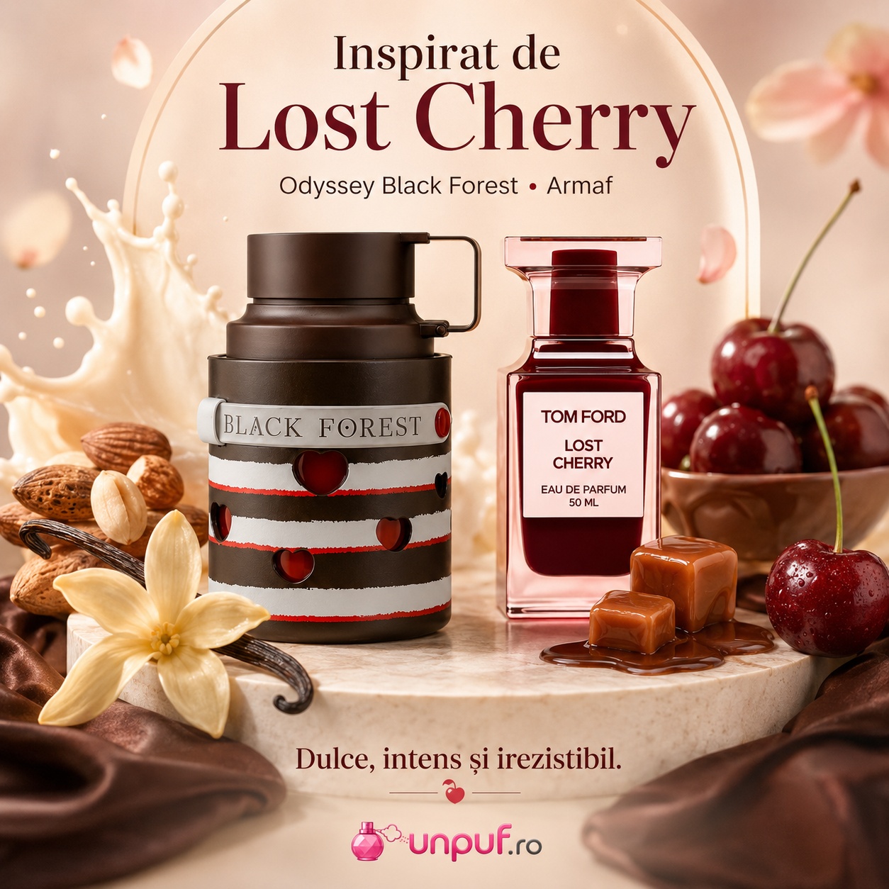 Armaf Odyssey Black Forest Dessert inspirat de Lost Cherry, parfum dulce intens și irezistibil