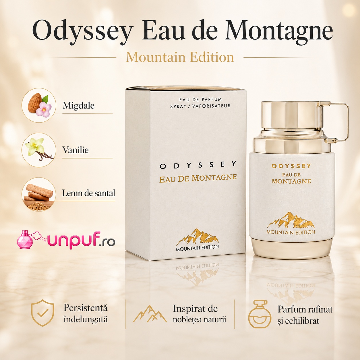 Armaf Odyssey Eau De Montagne Mountain Edition cu migdale, vanilie, lemn de santal și persistență &icirc;ndelungată