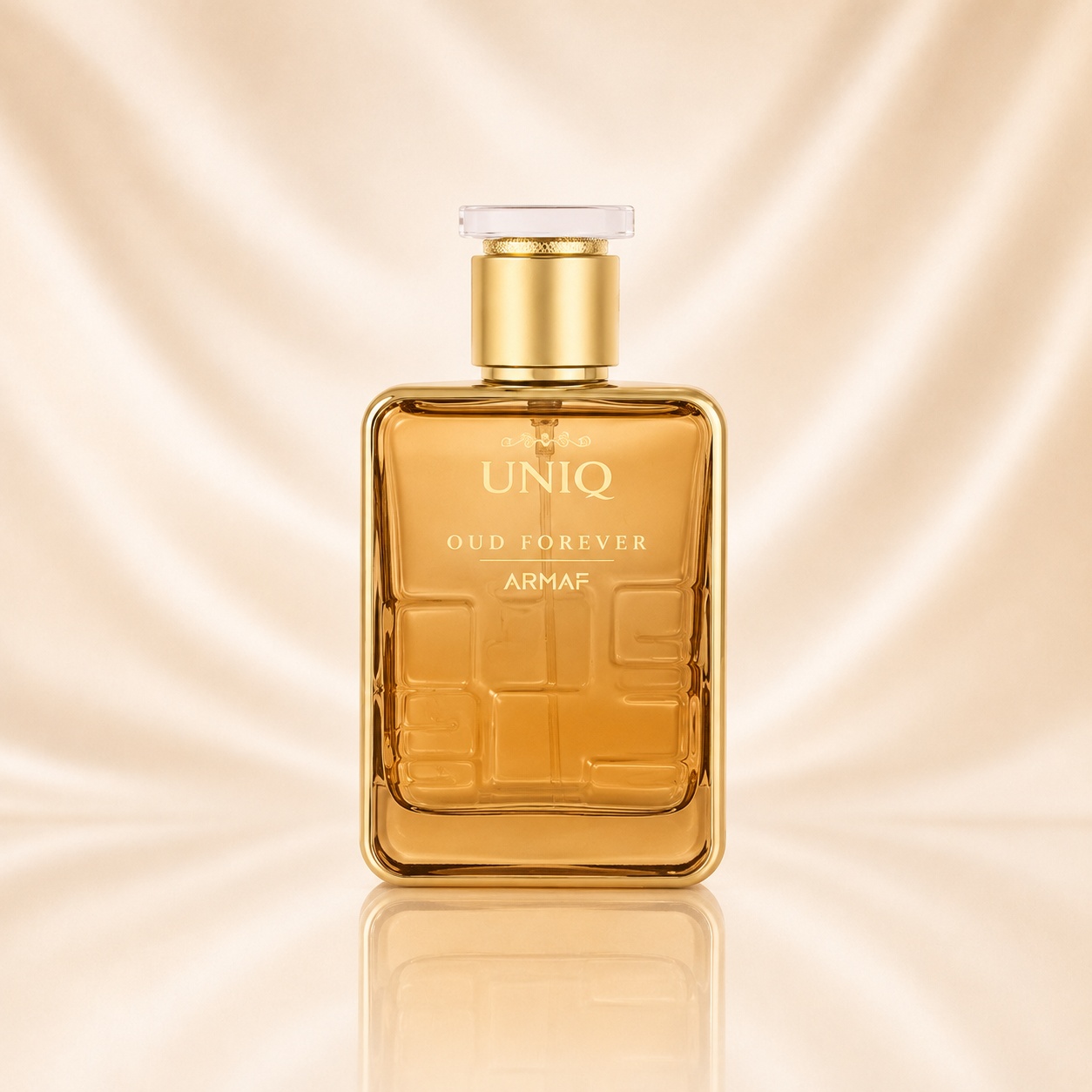 Flacon Armaf Uniq Oud Forever 100 ml, parfum bărbătesc cu lichid auriu și design elegant