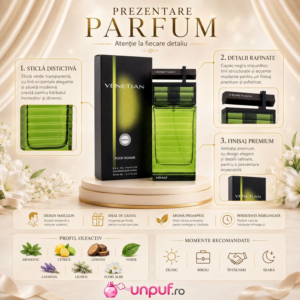 Prezentare Armaf Venetian Pour Homme cu sticlă distinctivă, detalii rafinate, finisaj premium, aromă proaspătă și persistență &icirc;ndelungată