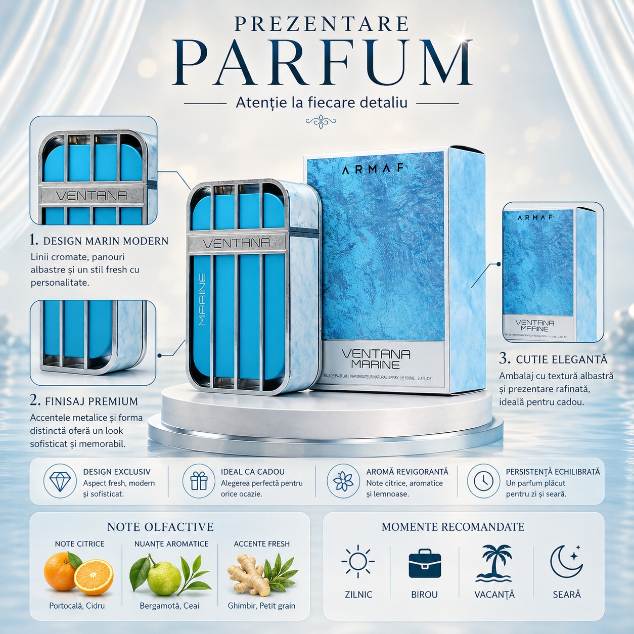 Prezentare Armaf Ventana Marine cu design marin modern, finisaj premium, cutie elegantă și note citrice aromatice fresh