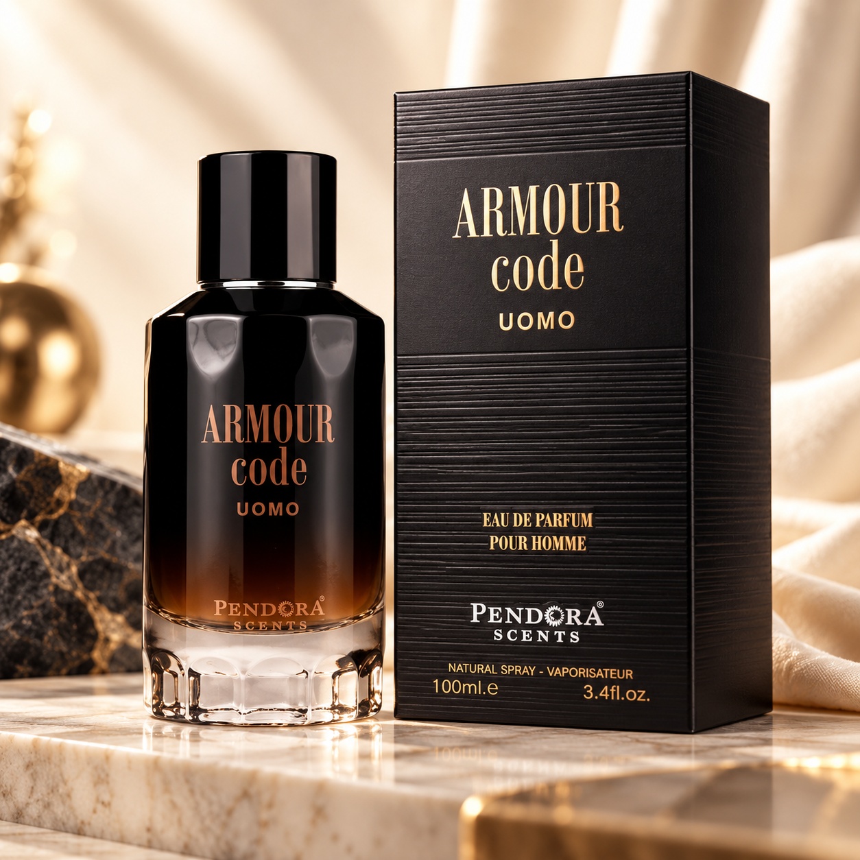 Armour Code Uomo Pendora Scents Eau de Parfum 100 ml parfum bărbătesc cu flacon negru ambrat și cutie premium