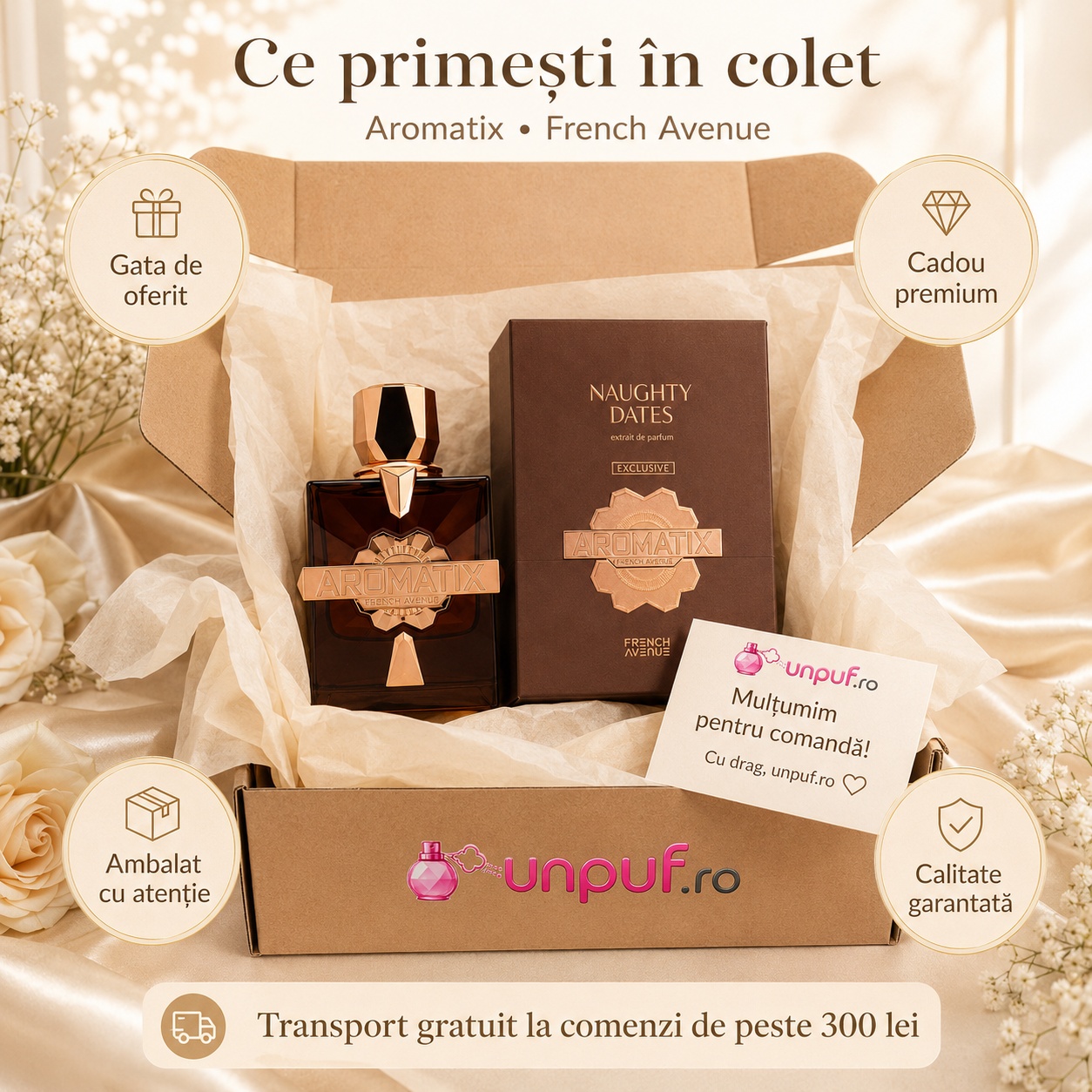 Colet parfum Aromatix Naughty Dates ambalat cu atenție, gata de oferit cadou premium, cu brand unpuf.ro