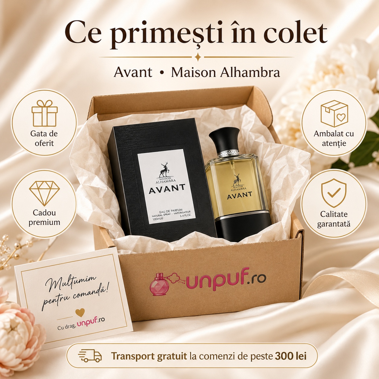 Colet parfum Avant Maison Alhambra ambalat cu atenție, gata de oferit cadou premium, cu brand unpuf.ro