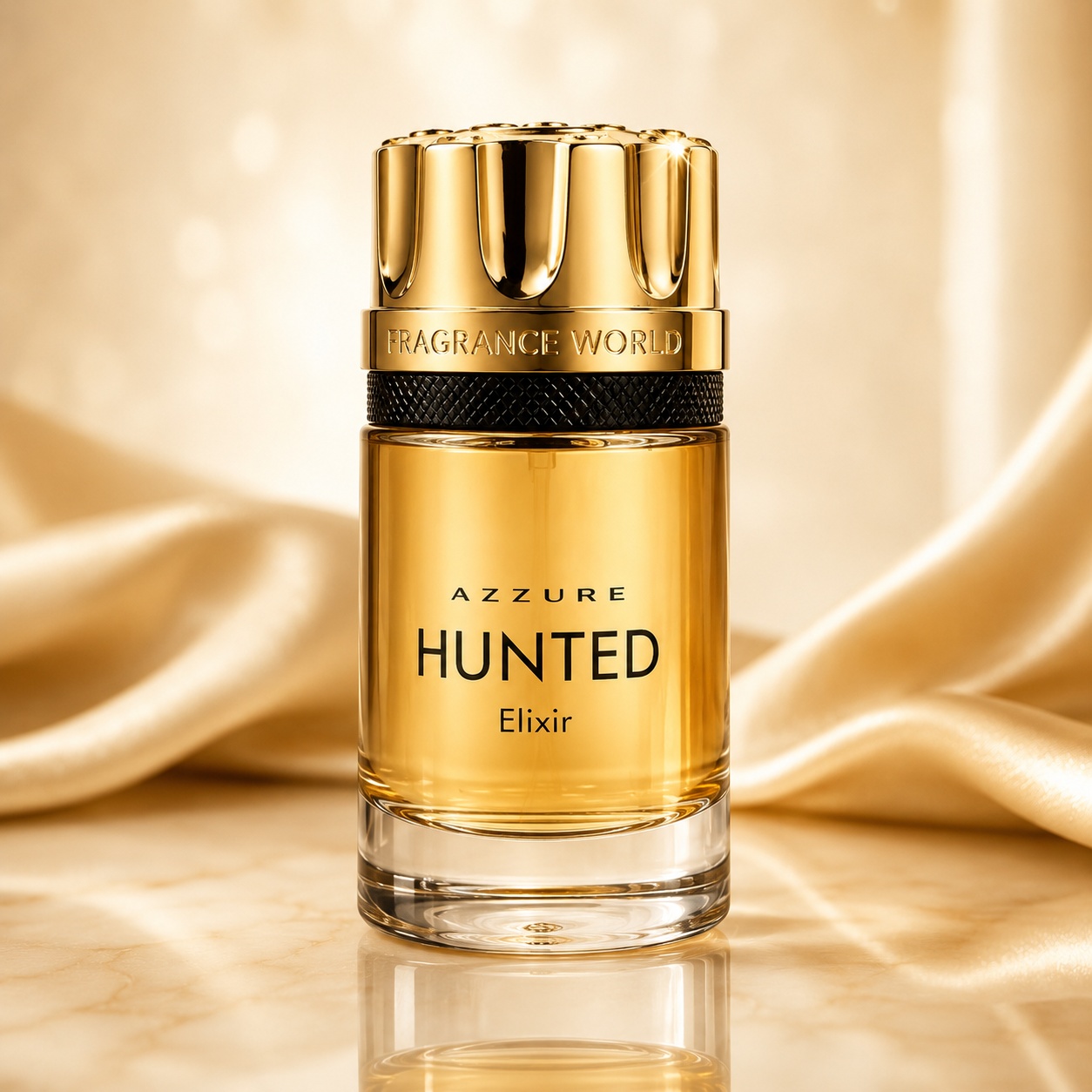 Flacon Azzure Hunted Elixir 100 ml auriu cu capac sculptural și detaliu negru texturat