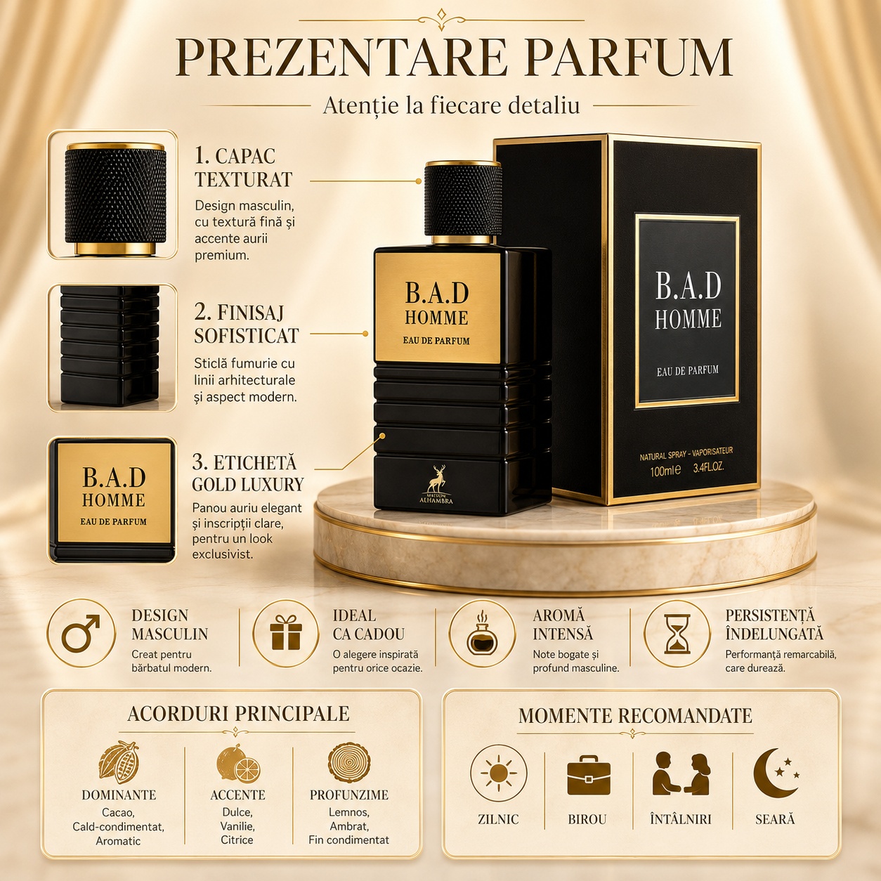 Prezentare parfum B.A.D. Homme Maison Alhambra cu capac texturat, finisaj sofisticat, etichetă gold luxury, aromă intensă și persistență &icirc;ndelungată