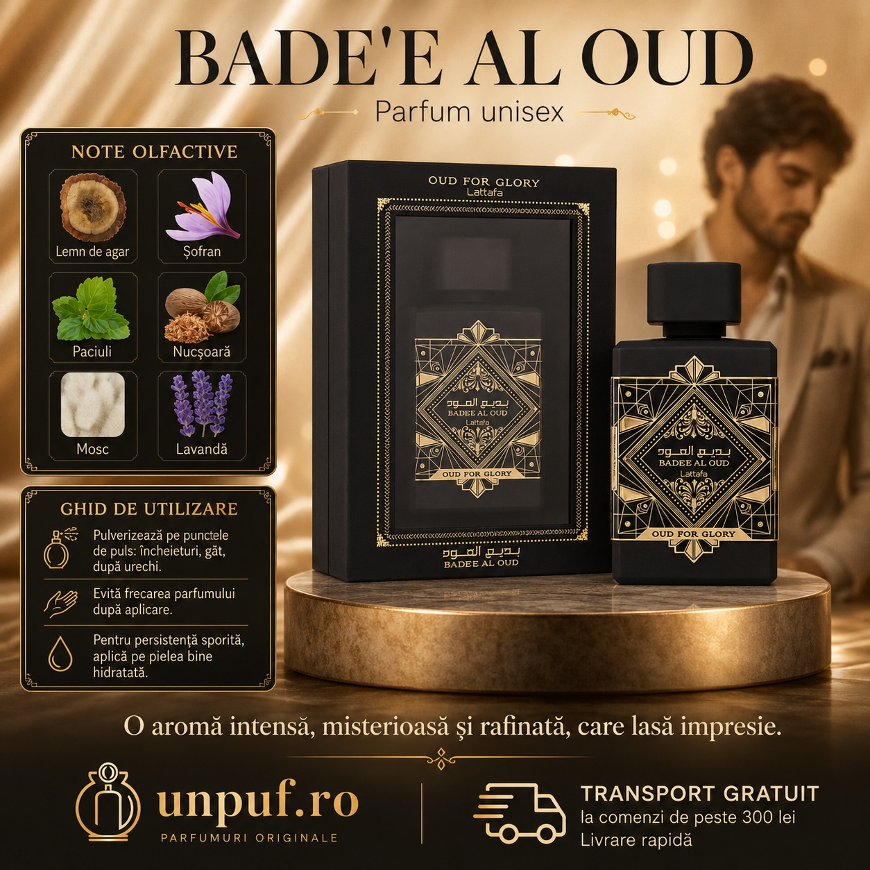 Bade&rsquo;e Al Oud For Glory Lattafa parfum unisex cu note de lemn de agar șofran paciuli nucșoară mosc și lavandă