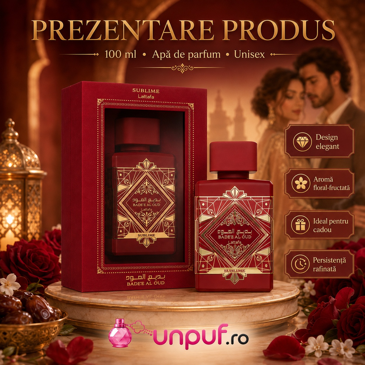 Prezentare produs Bade&rsquo;E Al Oud Sublime 100 ml Apă de Parfum Unisex design elegant roșu auriu