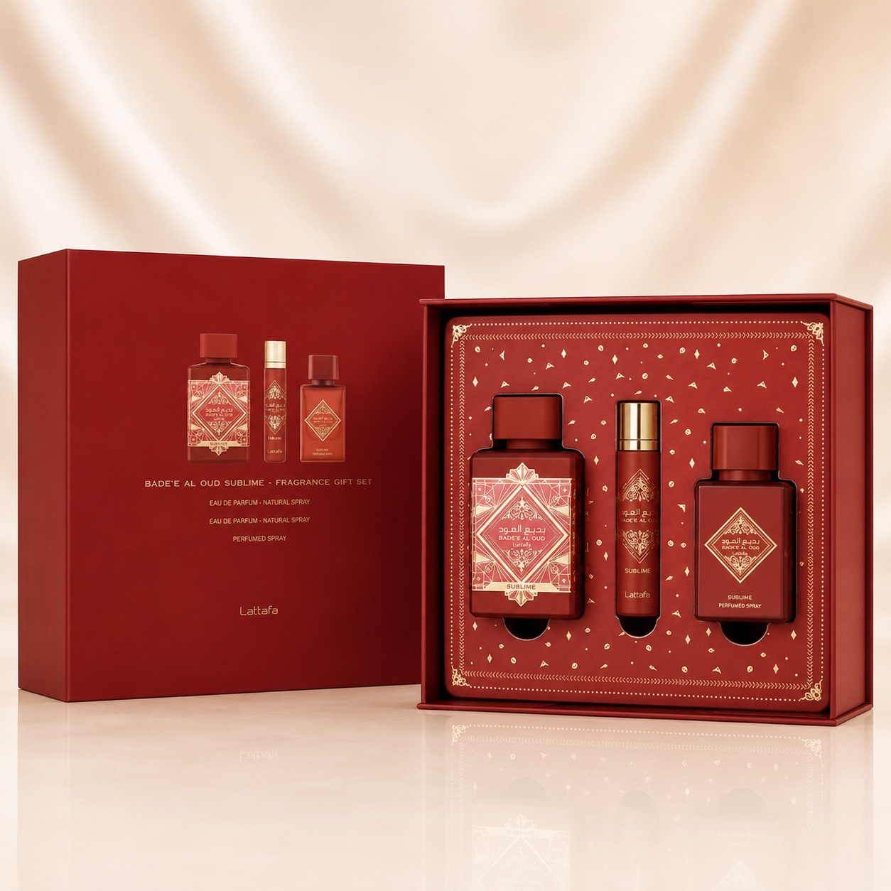 Badee Al Oud Sublime Gift Set Lattafa, set cadou roșu cu Eau de Parfum 100ml, Travel Spray și Hair Mist