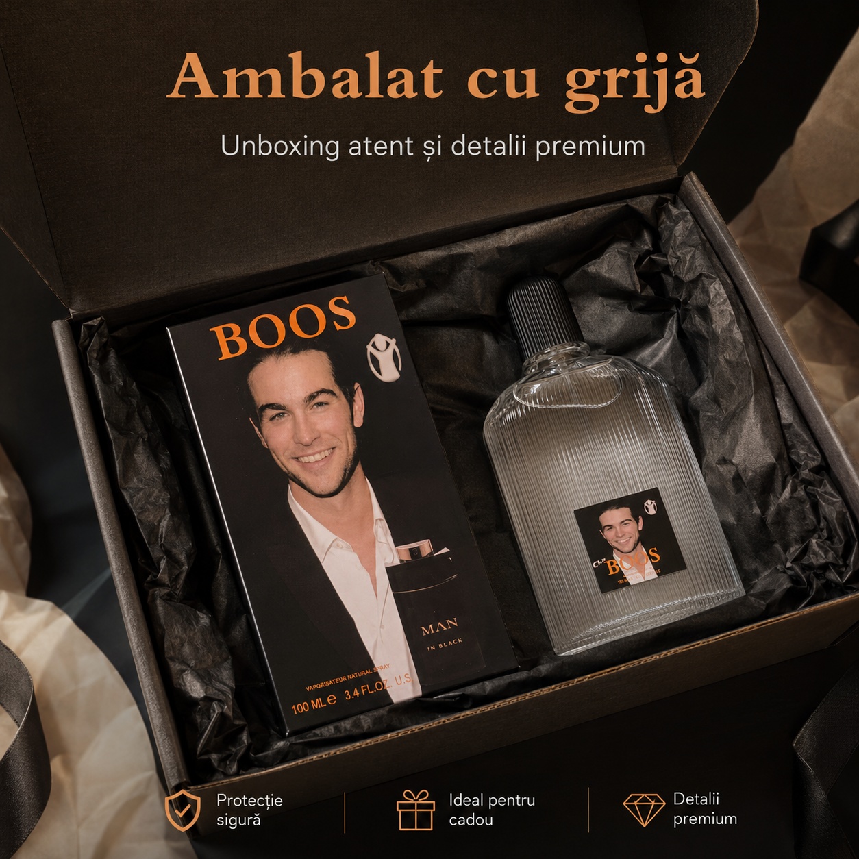 Boos Man in Black ambalat cu grijă unboxing atent și detalii premium