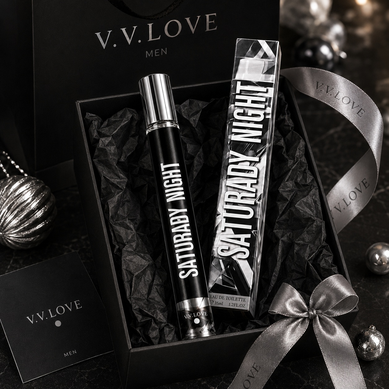 Parfum Saturday Night 35 ml cadou elegant pentru bărbați cu ambalaj premium negru și argintiu