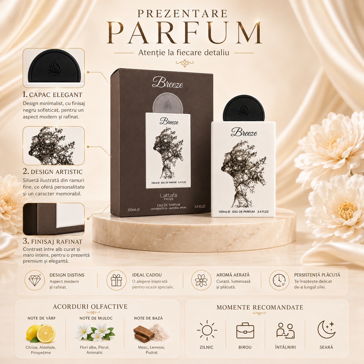 Prezentare parfum Breeze Lattafa Pride cu design elegant, aromă curată, luminoasă și rafinată
