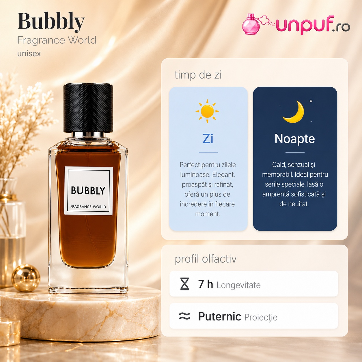 Bubbly Fragrance World potrivit pentru zi și noapte, parfum cald, senzual și memorabil