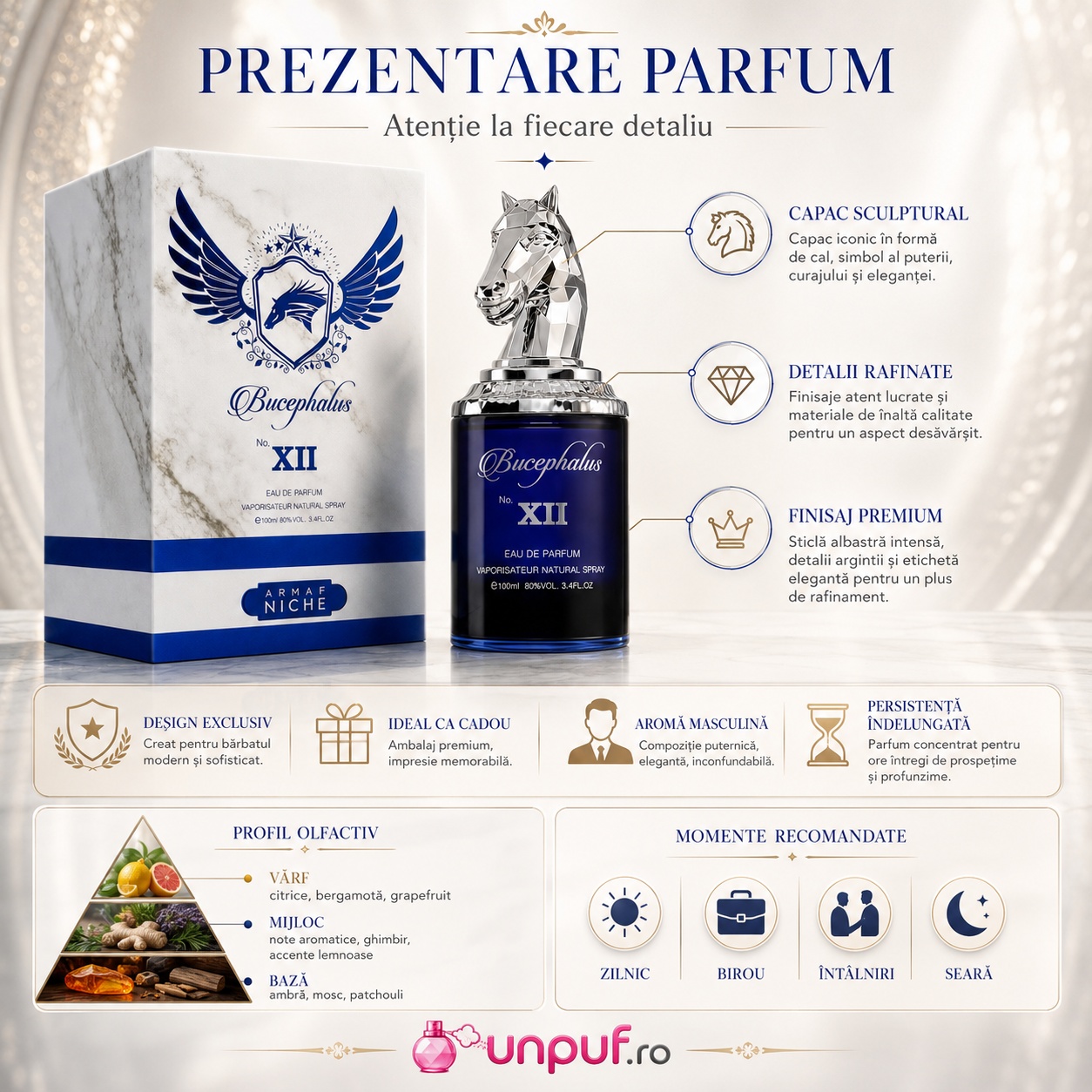 Prezentare Armaf Bucephalus No. XII cu capac sculptural, detalii rafinate, finisaj premium și profil olfactiv citric aromatic lemnos