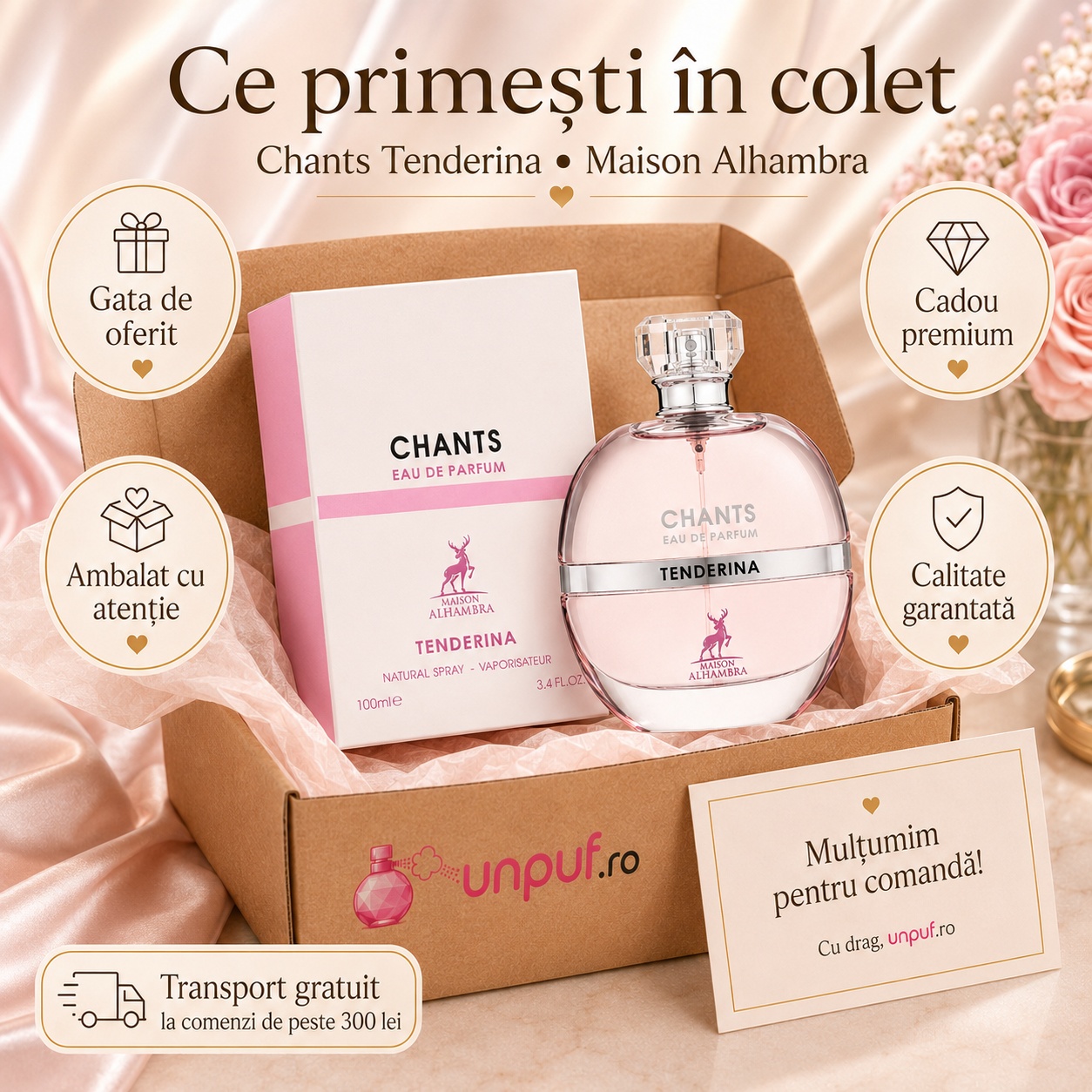 Colet parfum Chants Tenderina Maison Alhambra ambalat cu atenție, gata de oferit cadou premium, cu brand unpuf.ro