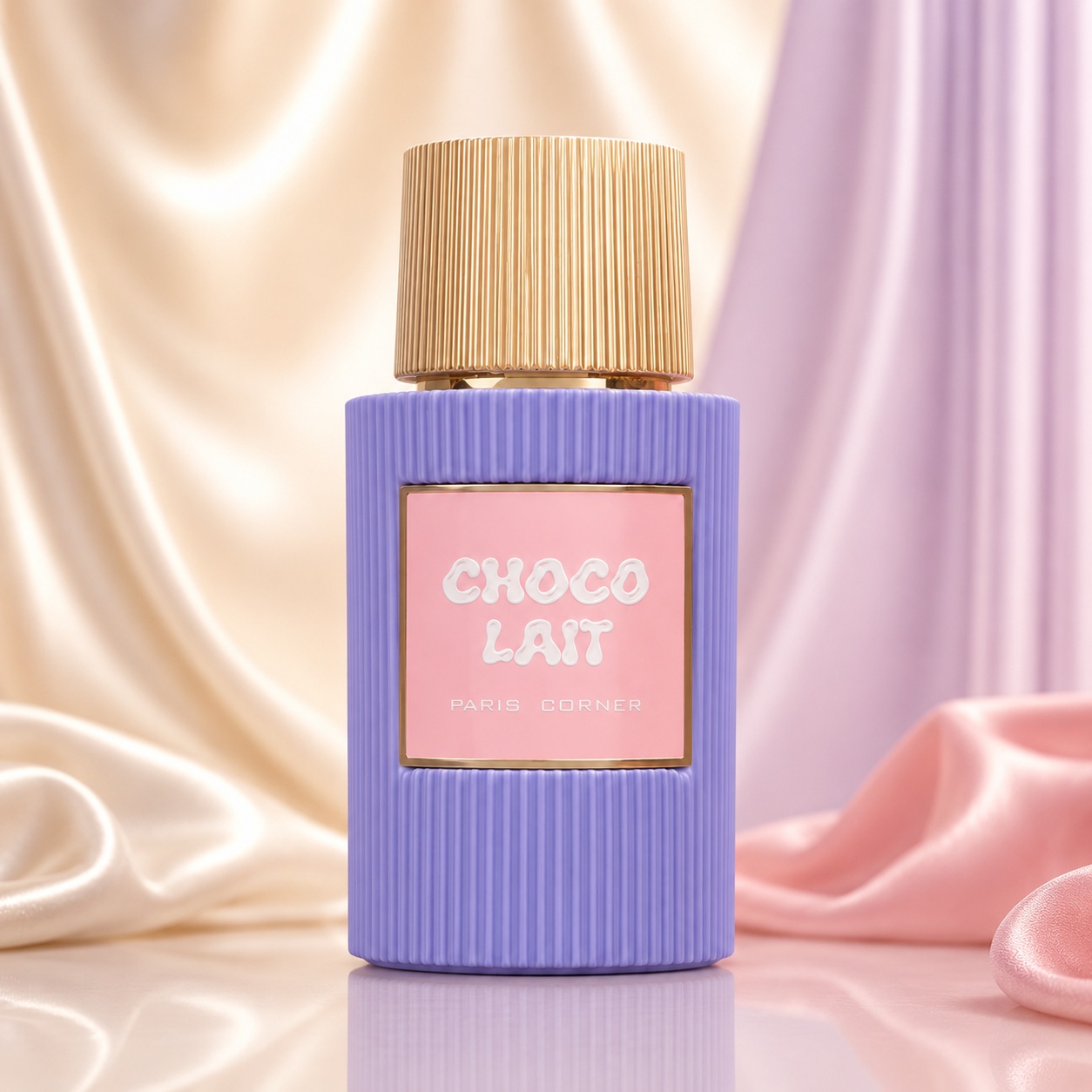 Flacon Choco Lait Paris Corner 100 ml lila cu etichetă roz și capac auriu striat
