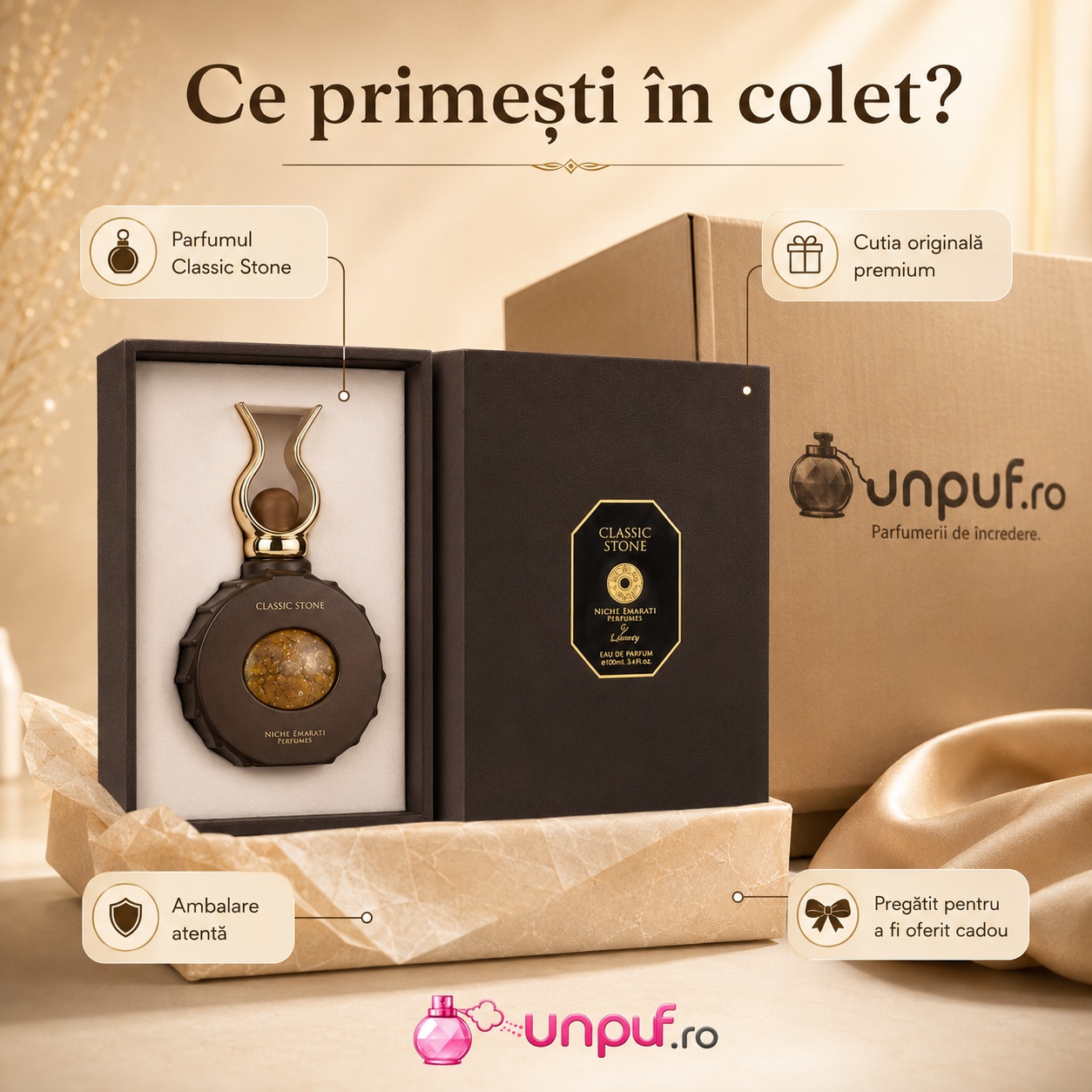 Colet parfum Classic Stone Lattafa ambalat cu atenție, gata de oferit cadou premium